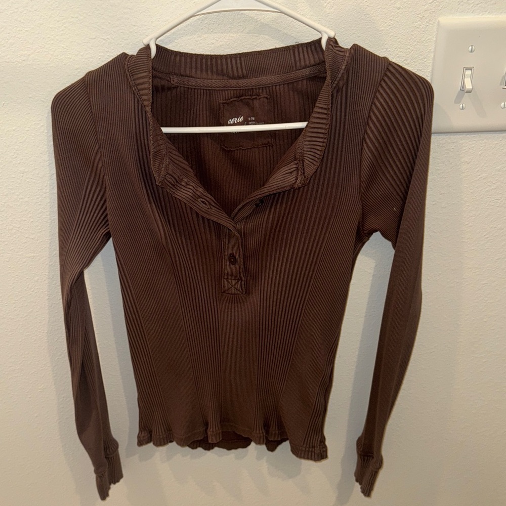 Aerie Chocolate Ribbed Long Sleeve Top